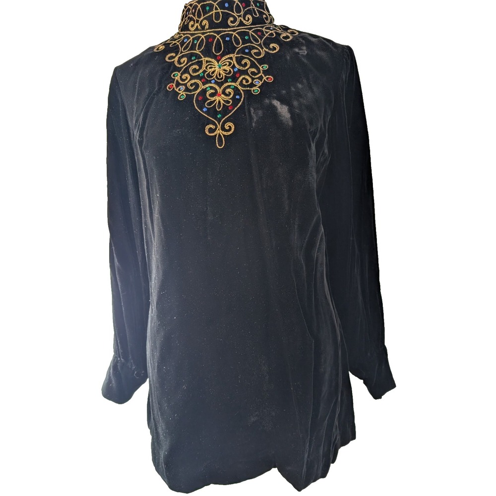 Vintage 1970's Black Velvet Dress With Gold Soutache Embroidery Colorful Jewels